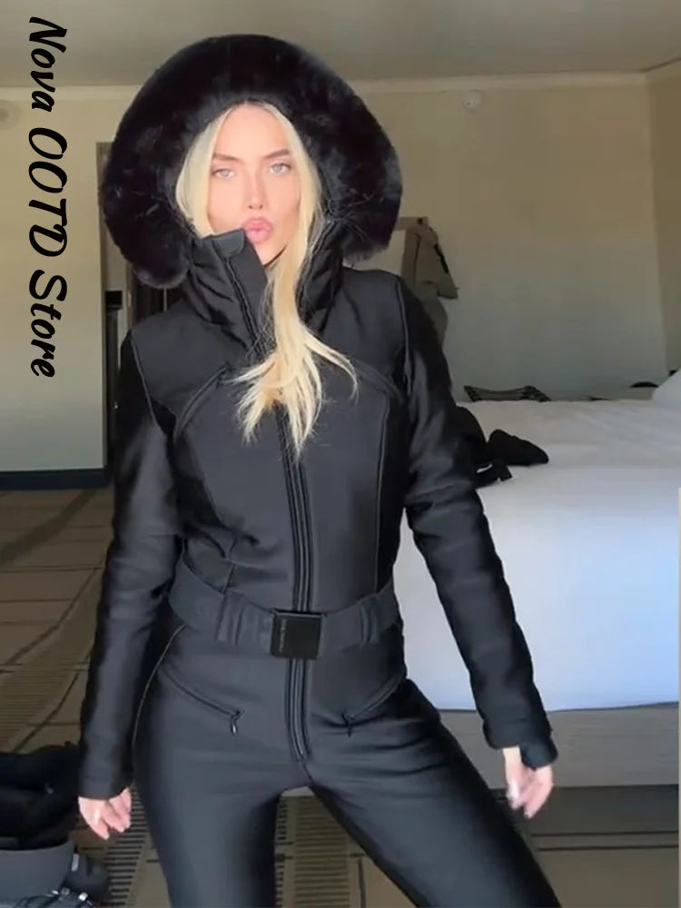 Mono de Esquí con Capucha de Piel Negra para Mujer, Ajustado, Impermeable, Cortavientos, Ropa de Esquí 2026, Mono de Nieve Deportivo Cálido para Mujer, Nuevo