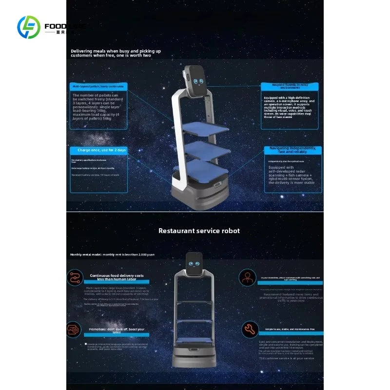 Robot de servicio para restaurante con bandejas azules y panel frontal, vista centrada