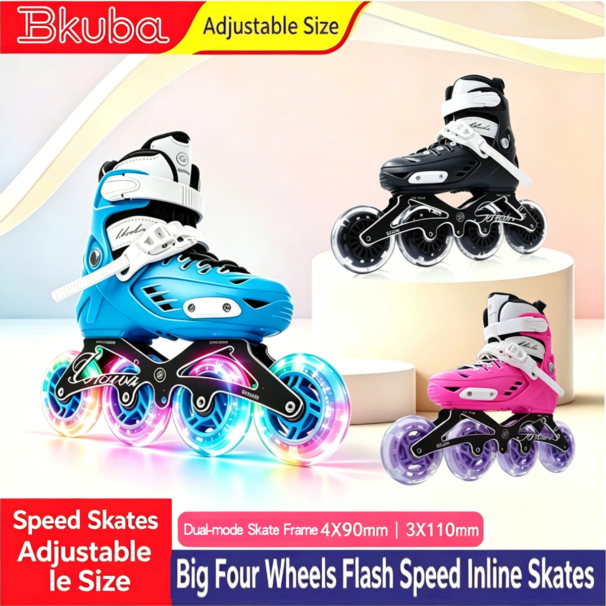 Patines en Línea Profesionales de Velocidad con Cuatro Ruedas de 4X90 mm, Tallas Ajustables 32-36 y 36-40, Unisex para Niños y Niñas