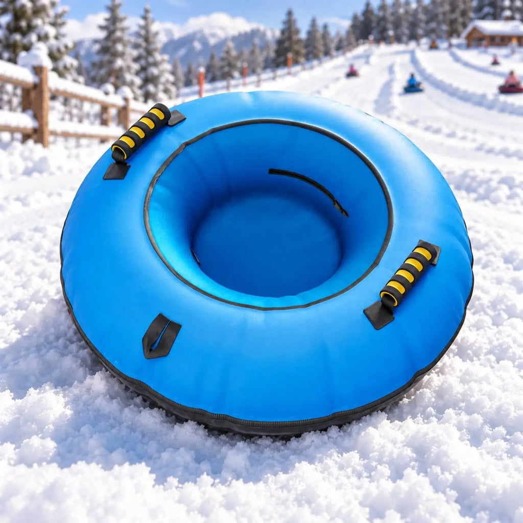 Trineo Inflable Redondo para Tubing de Nieve con Diseño Plegable de PVC, Asiento Central Cómodo y Asas de Transporte para Exteriores en Invierno
