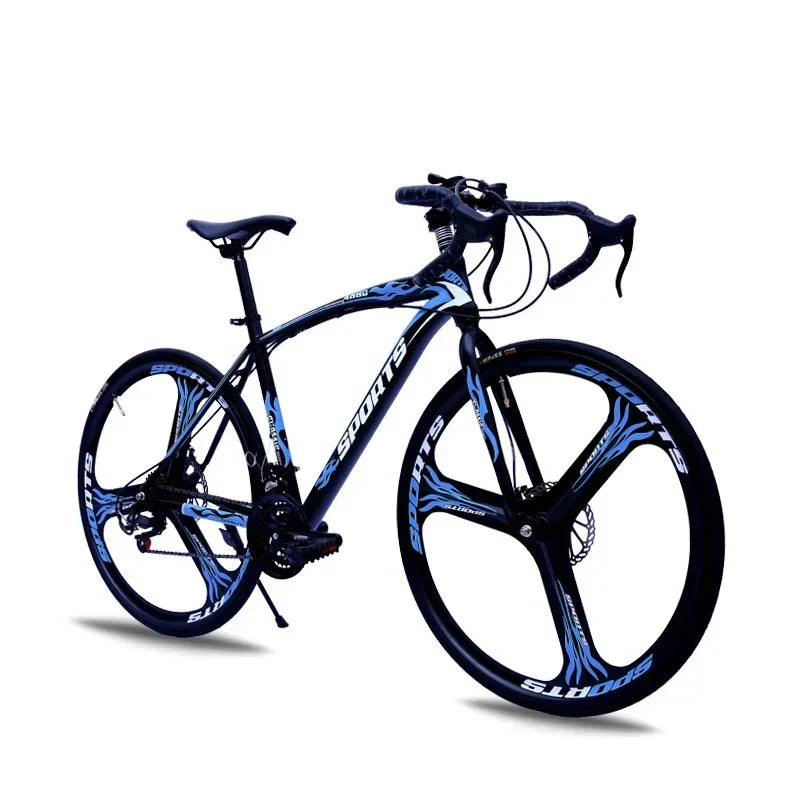 Bicicleta de carreras de 26 pulgadas con cuadro de acero al carbono, 21 velocidades, manubrio curvo, doble freno de disco y rines de 60 mm para adultos