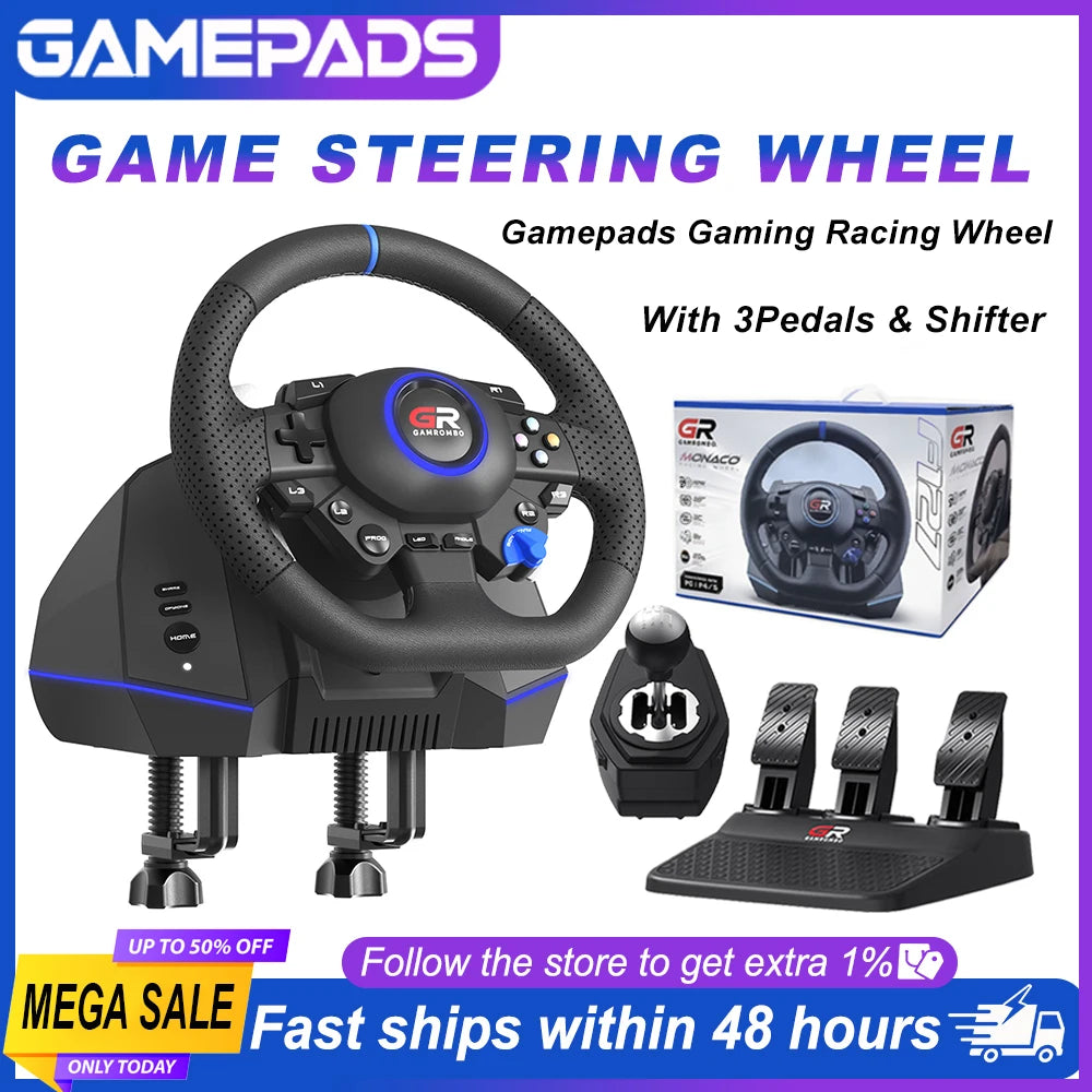 Volante de carreras gaming 270° y 900° con RGB F127, USB, compatible con PS5/PS4/PC, ajuste macro, sensor Hall, juego de 3 pedales y palanca de cambios
