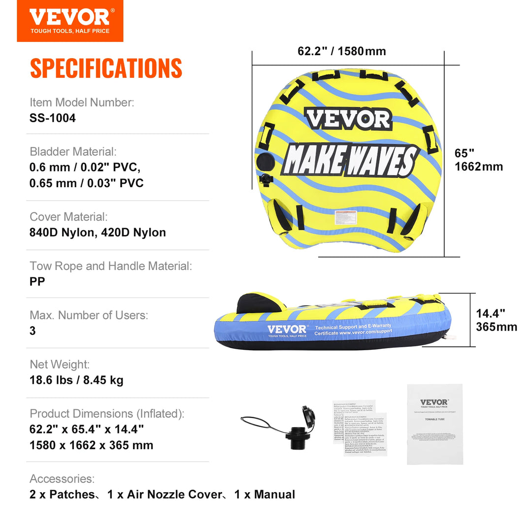 Tubo Inflable Remolcable SucceBuy para Navegación, para 1-3 Personas, con Aletas de Protección, Tubos Remolcables para Deportes Acuáticos de 510 lb para Barco