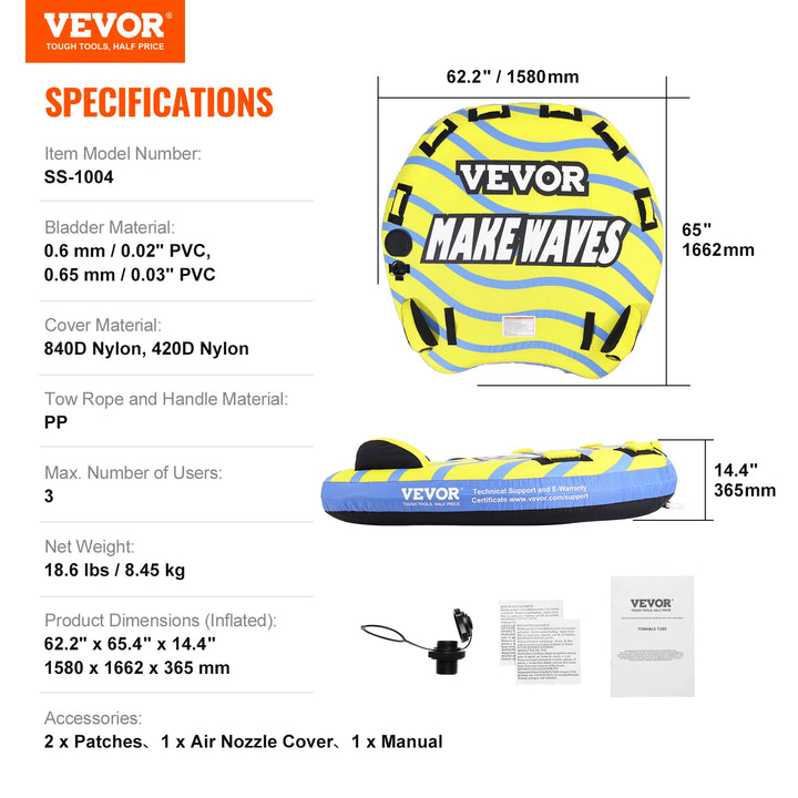 Tubo Inflable Remolcable SucceBuy para Navegación, para 1-3 Personas, con Aletas de Protección, Tubos Remolcables para Deportes Acuáticos de 510 lb para Barco