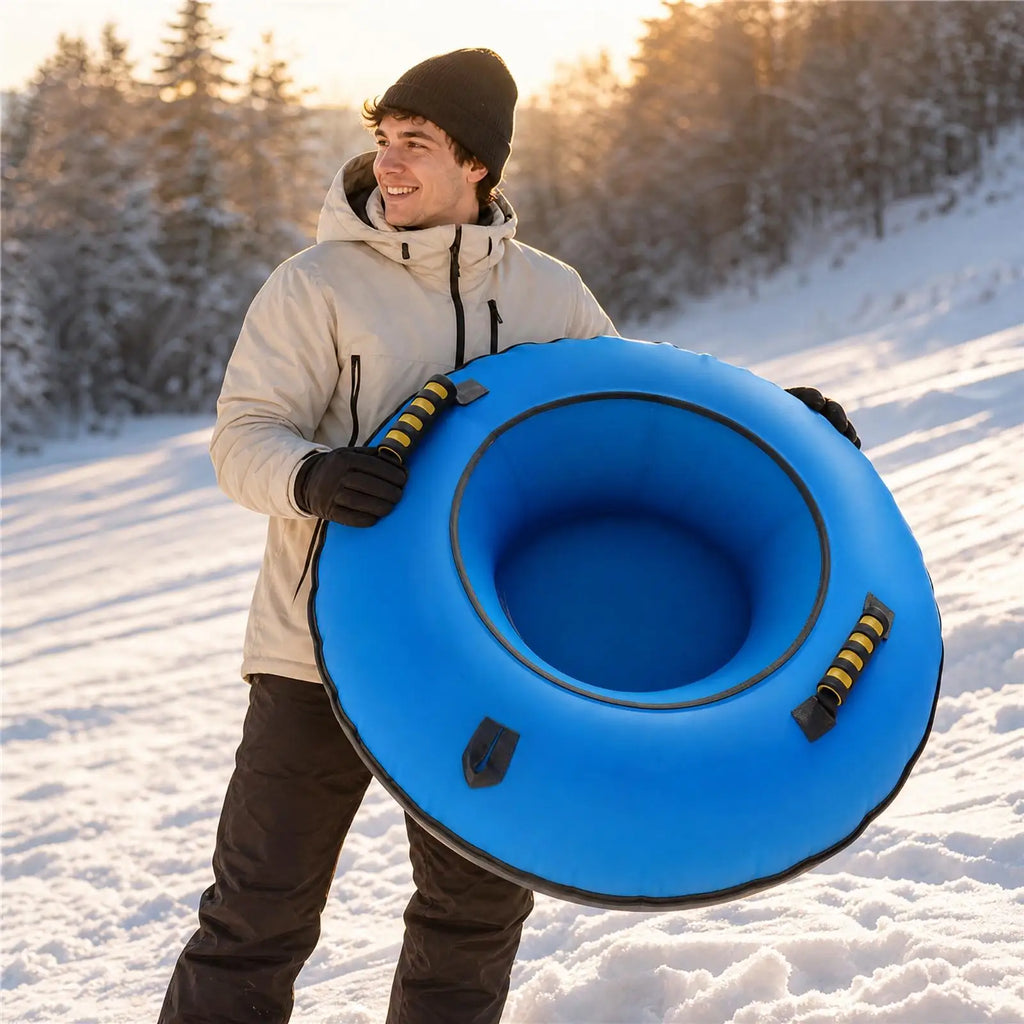 Trineo Inflable Redondo para Tubing de Nieve con Diseño Plegable de PVC, Asiento Central Cómodo y Asas de Transporte para Exteriores en Invierno