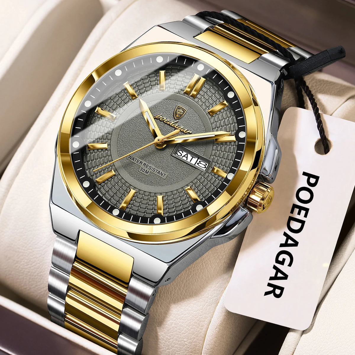 Reloj de pulsera deportivo original POEDAGAR para hombre, de cuarzo, fecha, semana, de lujo, resistente al agua, luminoso, de acero inoxidable