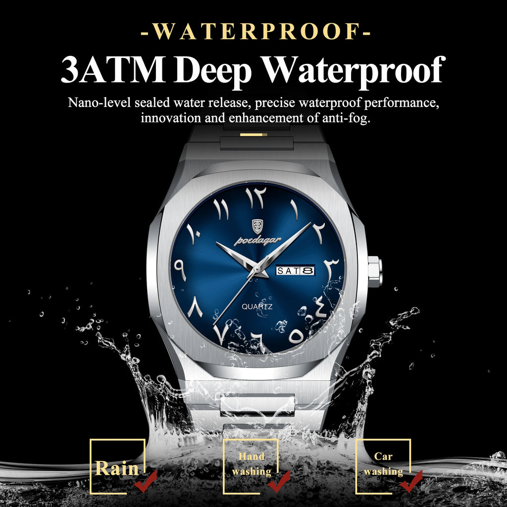 Reloj para hombre POEDAGAR original de cuarzo, resistente al agua, con fecha y día, estilo elegante, empresarial, de acero inoxidable