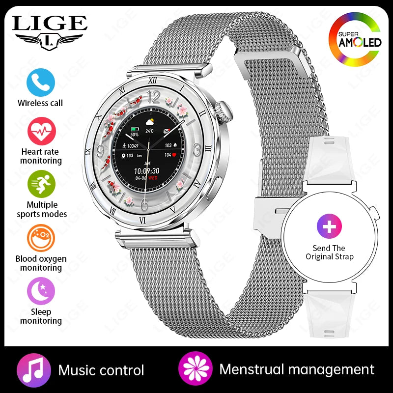 Reloj inteligente LIGE con pantalla AMOLED HD ultra delgada de 1.19", rastreador de ejercicios, llamadas Bluetooth, monitor de frecuencia cardíaca y resistente al agua para mujeres