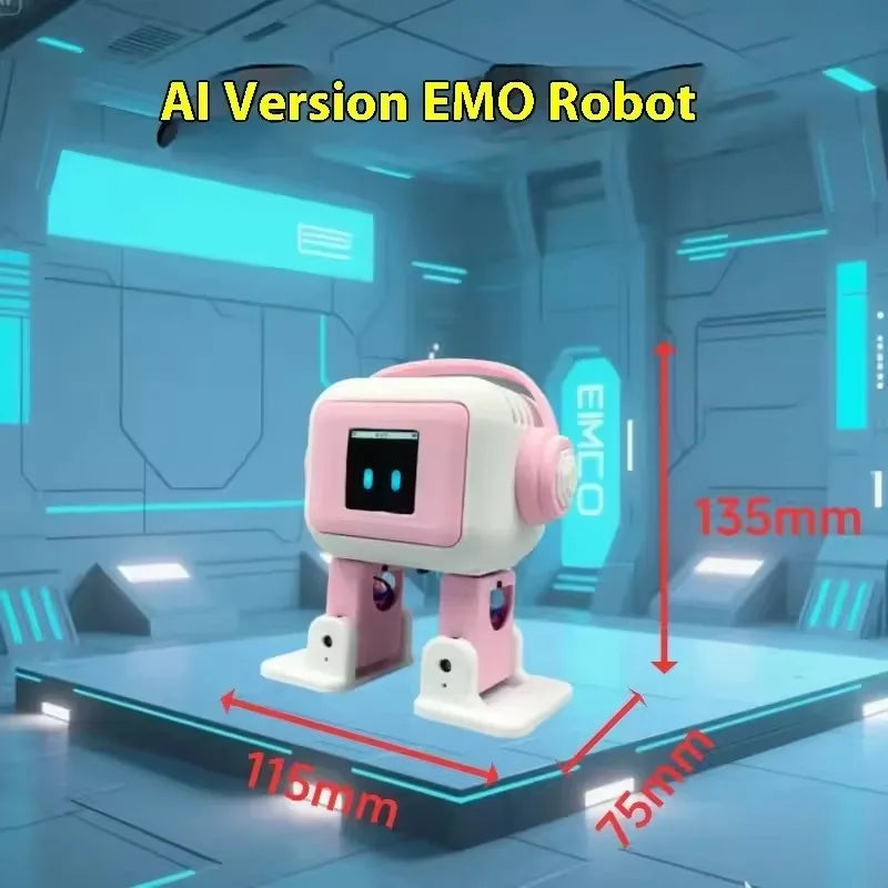 Robot mascota de juguete rosa con auriculares y pantalla, con medidas visibles