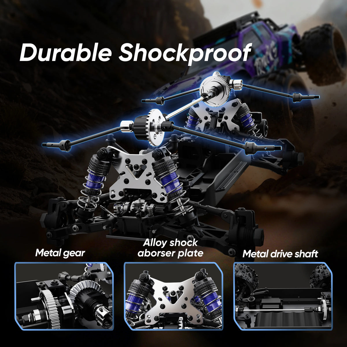 Chasis de coche RC resistente a impactos con piezas de metal y amortiguadores