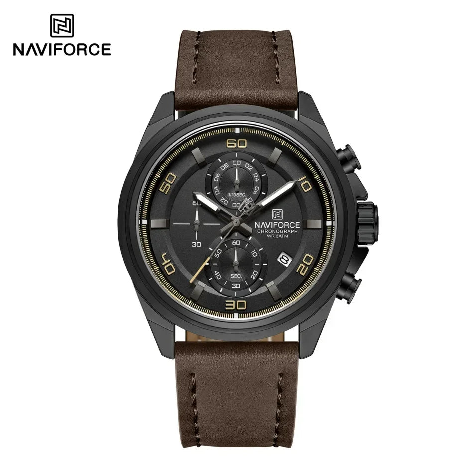 Reloj de pulsera para hombre NAVIFORCE, original, de negocios, de lujo, con correa de cuero, cronógrafo deportivo, resistente al agua 3ATM, de cuarzo