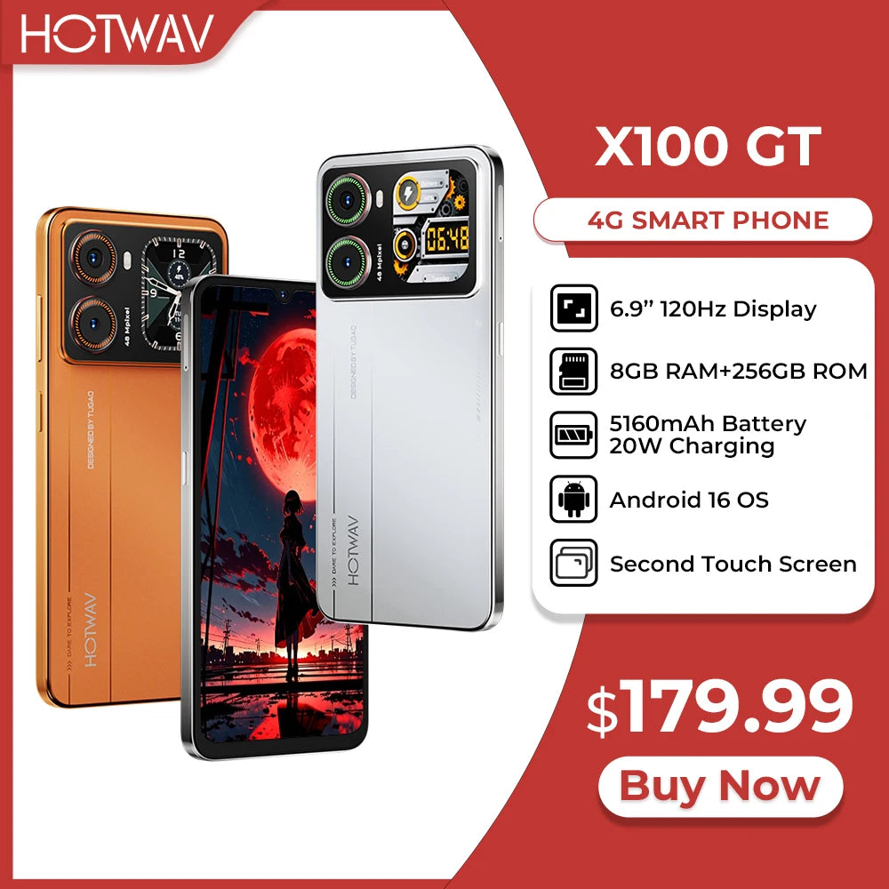Smartphone HOTWAV X100 GT Android 16, 6.9'', 120Hz, 48MP, 5160mAh, 20W con pantalla secundaria, 8GB, 256GB, emisor IR