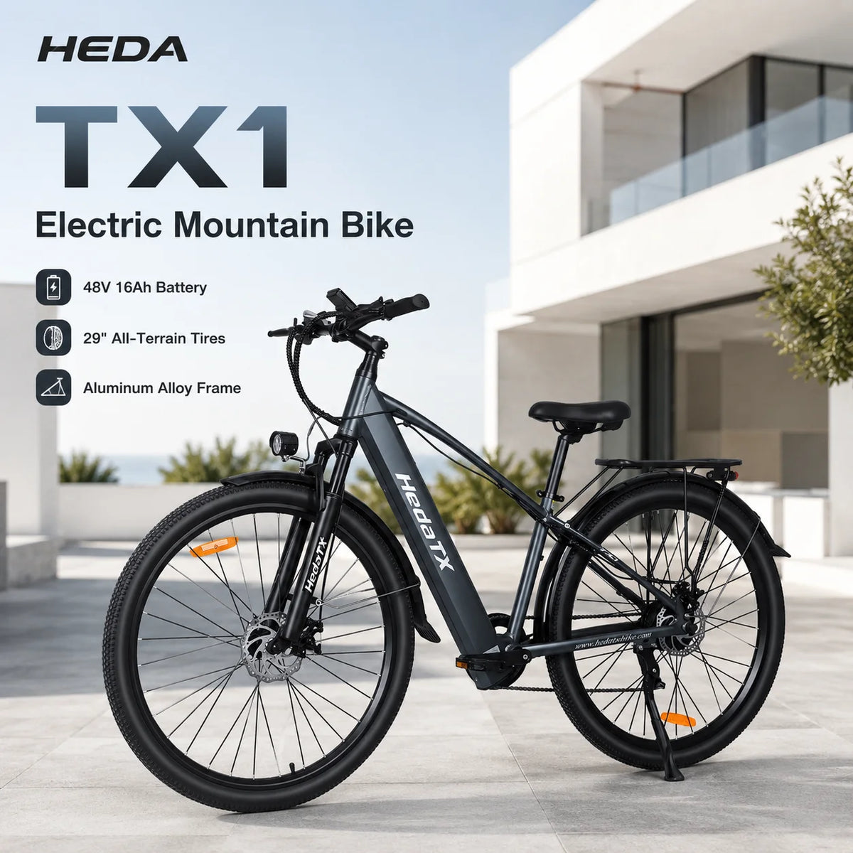 Nueva bicicleta de montaña eléctrica HEDA TX1 de 29 pulgadas, motor de tracción trasera, batería de litio extraíble de 48V16Ah, 7 velocidades, amortiguación delantera, pantalla LCD, bicicleta eléctrica todoterreno para adultos.