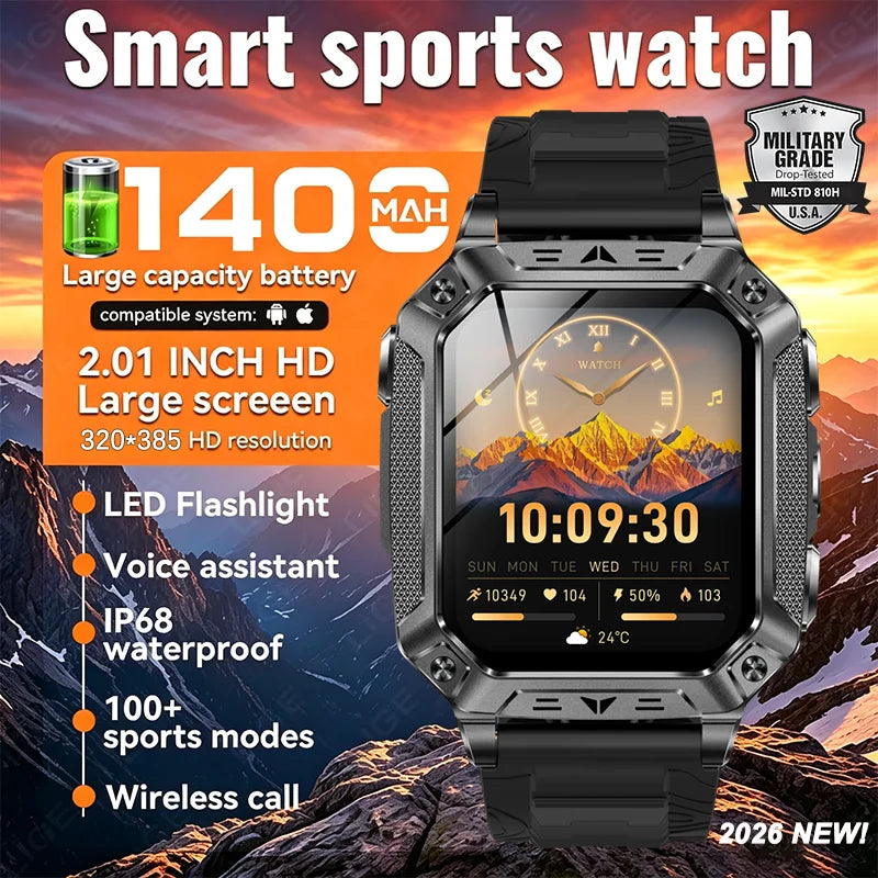 LIGE Built-in 1400mAh Super Large Battery Men Smart Watch Outdoor Flashlight IP68 Waterproof BT Call 2.01" New Smartwatch 2026