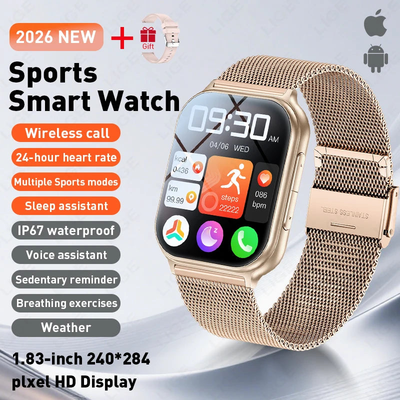 LIGE Nuevo Reloj Inteligente de 700mAh para Hombres y Mujeres, Deportivo, Rastreador de Fitness, Impermeable, Monitor de Frecuencia Cardíaca 24H Integrado, Llamadas Bluetooth, Smartwatch HD de 1.83"