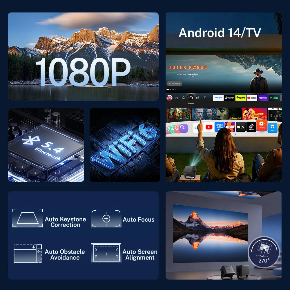 Proyector portátil gris oscuro con pantalla de interfaz Android 14 y enfoque automático