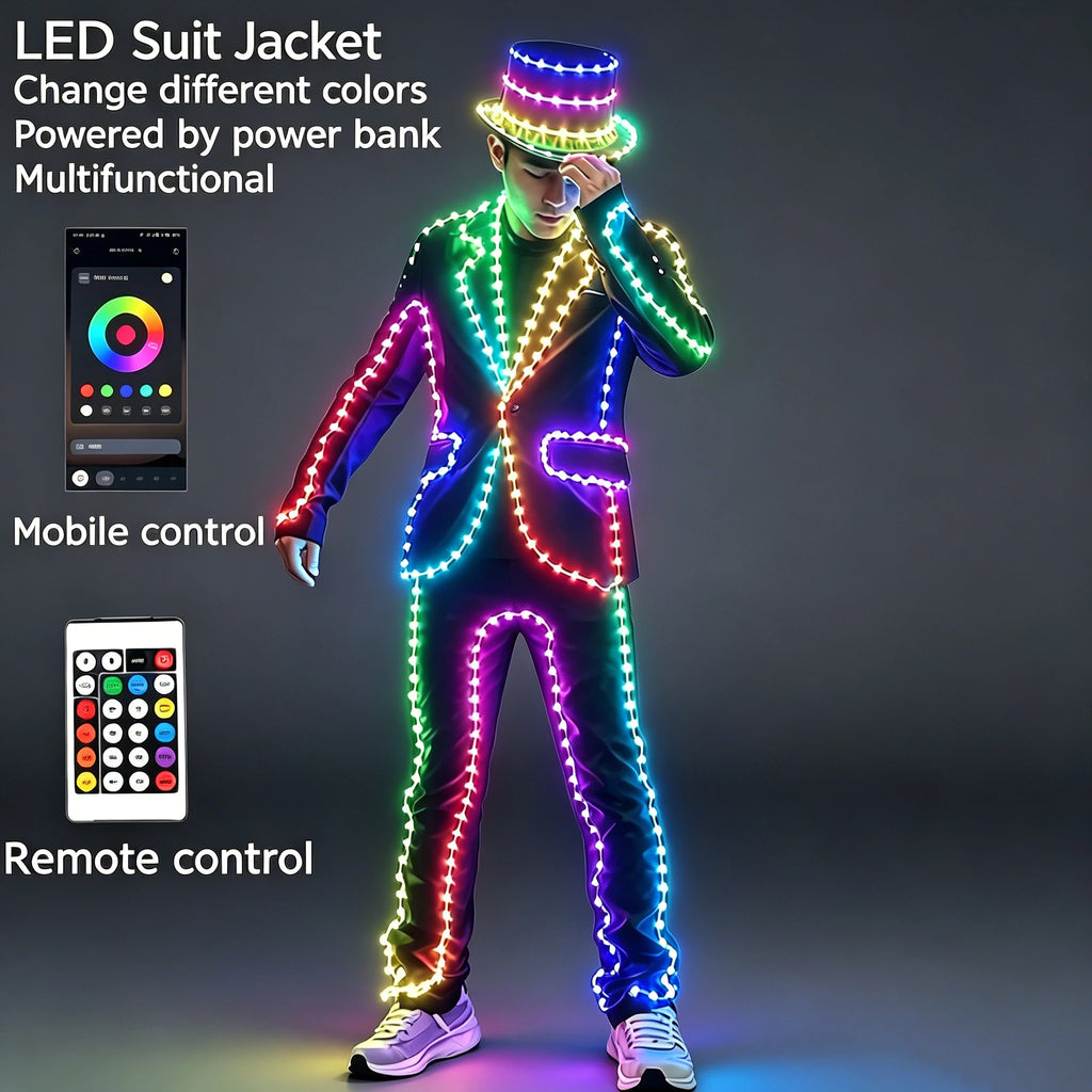 Traje Luminoso LED a Todo Color para Hombre, Traje de Actuación para Baile en Escenario, Disfraz de Discoteca con Control DIY para Cambiar de Color