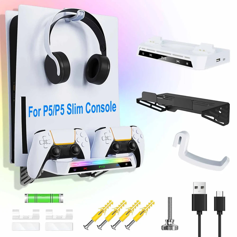 Wall Mount Kit with RGB Light For PS5/ Pro/ Slim Console Dual Controller Charging Station Headset Hanger For PS5 Accessories