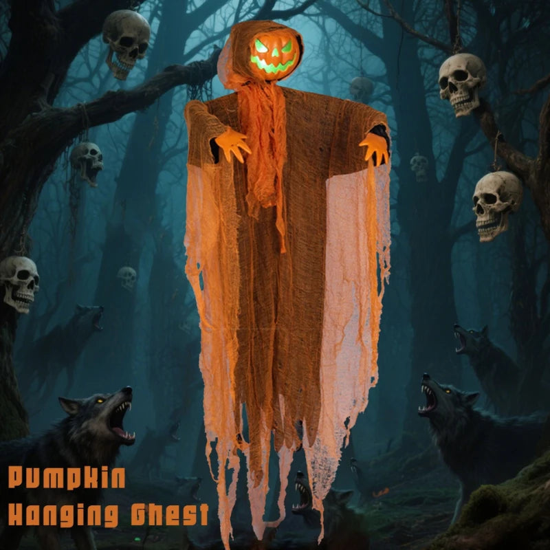 Decoración de Halloween: Calabaza Demonio Luminosa, Espantapájaros Colgante, Calabaza con Cabeza Giratoria, Decoración de Terror para el Hogar y Jardín