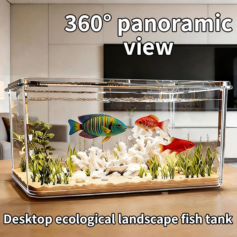 Mini acuario de escritorio con vista panorámica de 360°, pecera de cristal transparente, paisaje ecológico, decoración para el hogar, caja de agua para peces dorados