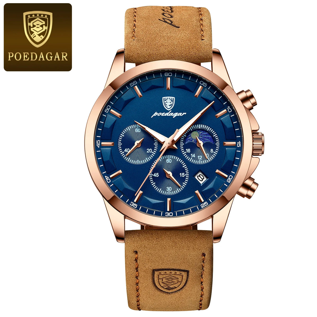 Reloj de pulsera para hombre POEDAGAR de lujo, elegante, resistente al agua, cronógrafo, luminoso, con fecha, de cuarzo y correa de piel