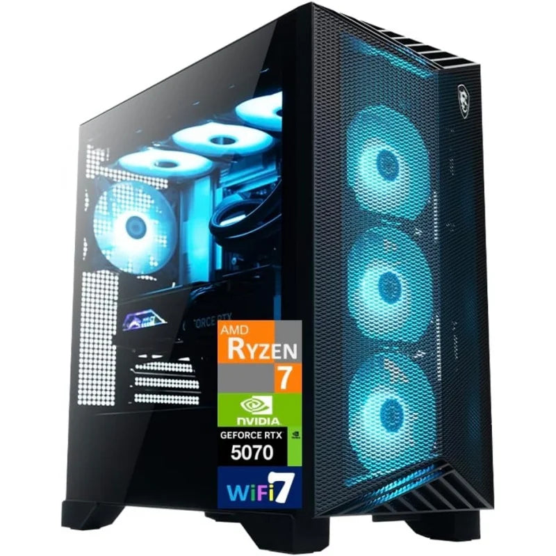 PC de Escritorio para Juegos con IA (Ryzen 7 9700X, GeForce RTX 5070 12GB GDDR7, 32GB DDR5, 4TB PCIe SSD, Ventiladores RGB, Refrigeración Líquida de 360mm, 75