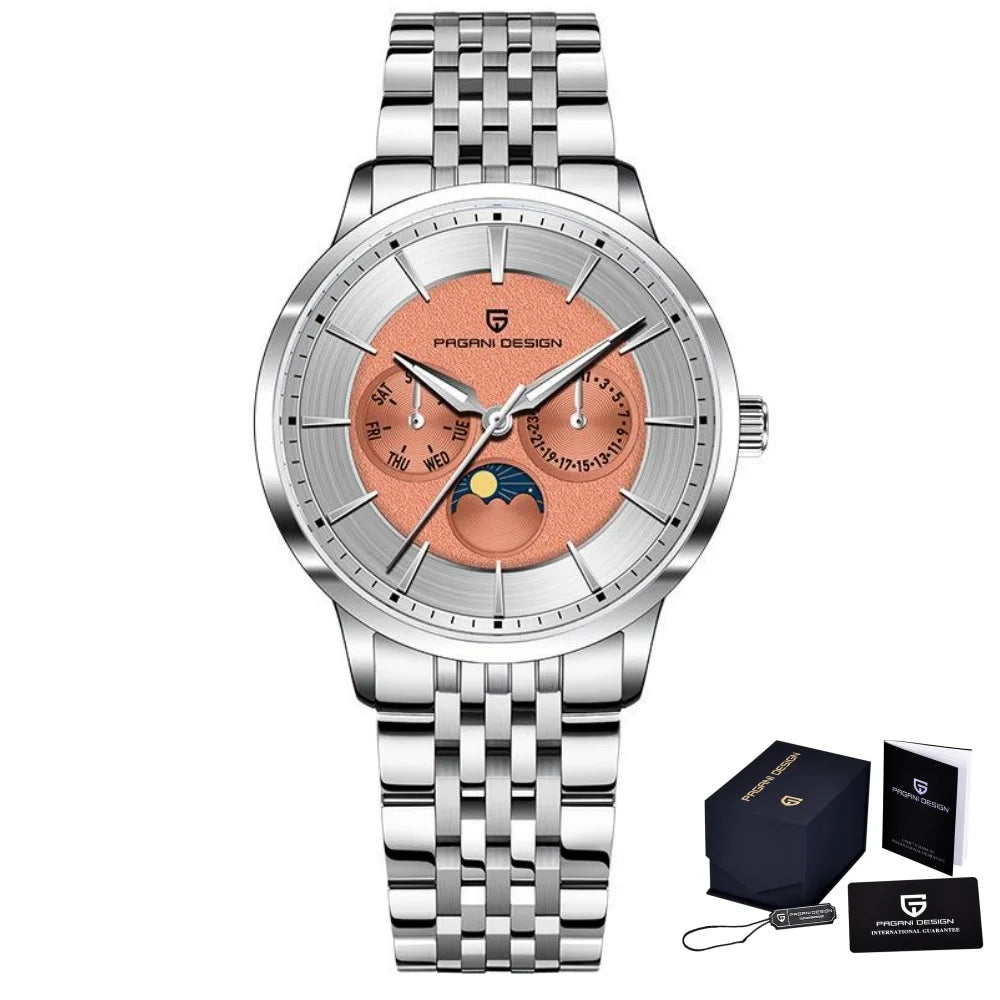 PAGANI DESIGN Brand 1795 Fashion Men Multi Functional Watch Moon Phase Date Stainless Steel Strap Week Sapphire Watches for Man