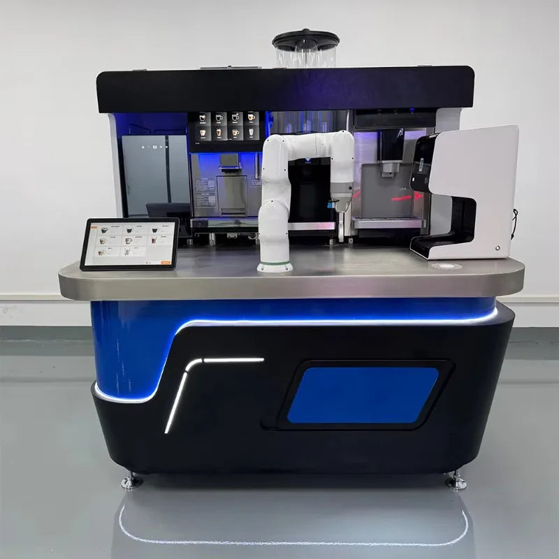 Máquina de café robot con panel frontal negro y luz azul, vista en conjunto