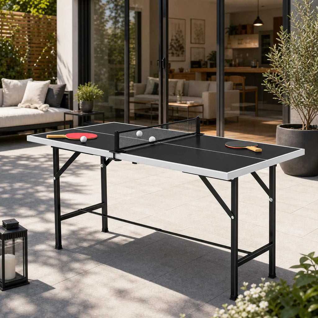 Mesa de tenis de mesa plegable de 150 cm con red, 2 raquetas y 3 pelotas, resistente al agua, 19 kg.