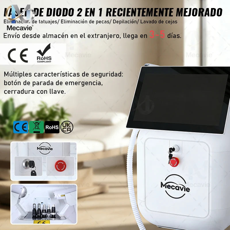 Máquina Láser Diodo + Pico 2 en 1 Mecavie – Tecnología FAC Lens con Enfriamiento de Punto Frío de 4 Longitudes de Onda – Depilación Indolora y Eliminación de Tatuajes para Todos los Tonos de Piel – 755/808/940/106