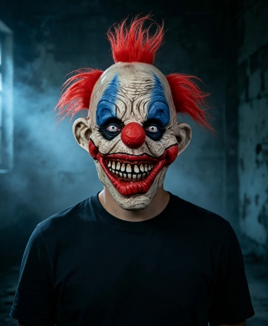 Máscara de payaso diabólico aterrador para Halloween, látex natural, pelo rojo, máscara de cabeza de payaso sonriente y espeluznante para disfraz de cosplay de temática de terror