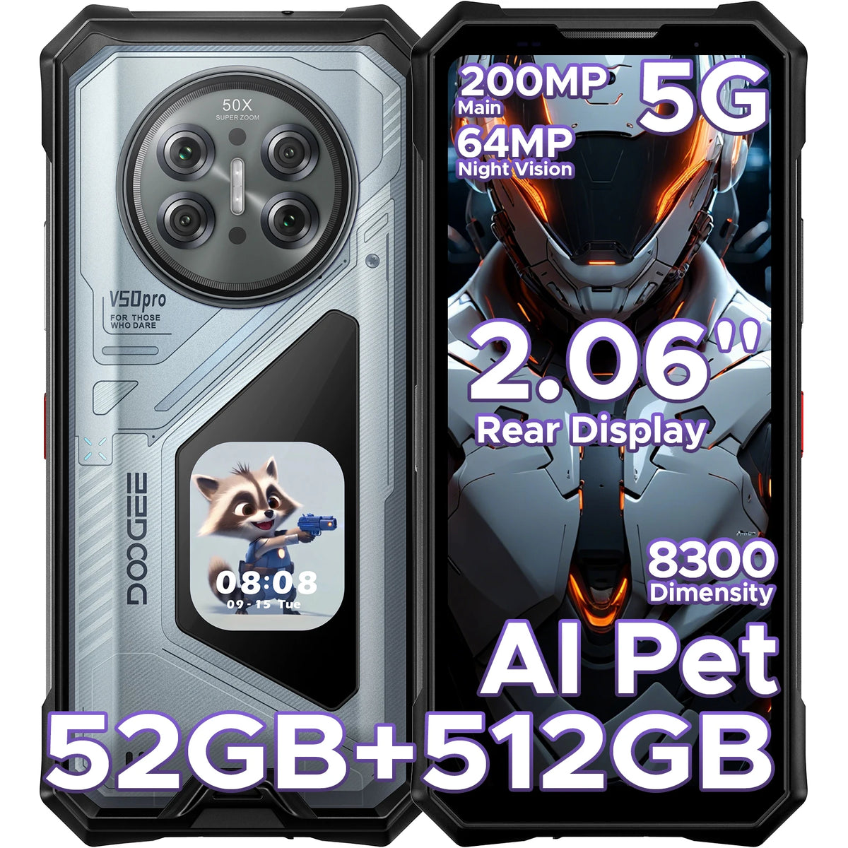 DOOGEE V50 Pro 5G AI Rugged Phone 6.78" Dimensity 8300 52GB RAM(16+36) 1TB ROM with 2.06" AMOLED Multi-function Rear Display 200MP Camera 64MP Night Vision Camera Android 16 Supports Walkie Talkie