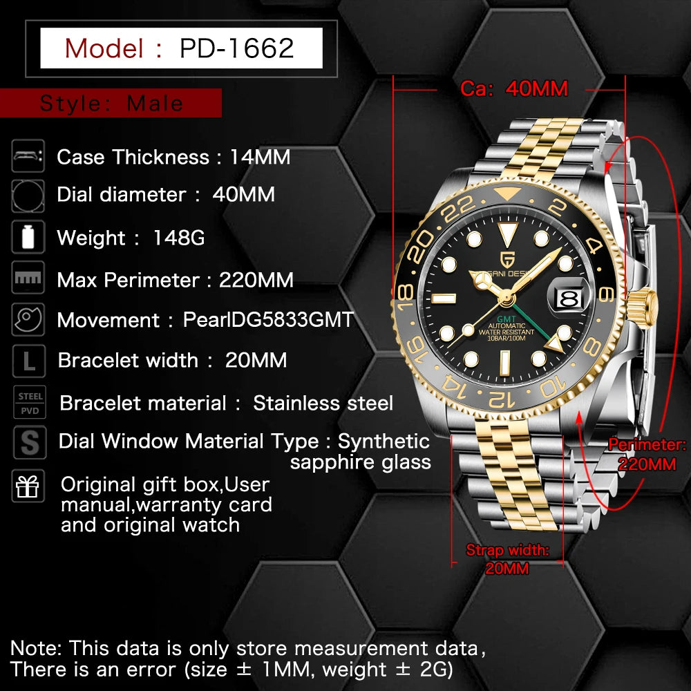 New V2 Pagani Design 40mm Men's Automatic Mechanical Watch Sapphire Stainless Steel GMT Watch Top Brand Men's Watch Sport