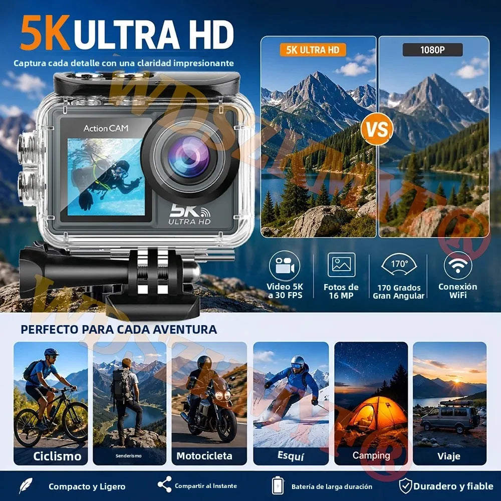 Cámara de Acción 5K 4K Resistente al Agua, Cámara de Buceo Subacuática 30M, Pantalla Dual Táctil de 2.0+1.3 Pulgadas, Kit Antivibración EIS para Casco de Motocicleta/Bicicleta