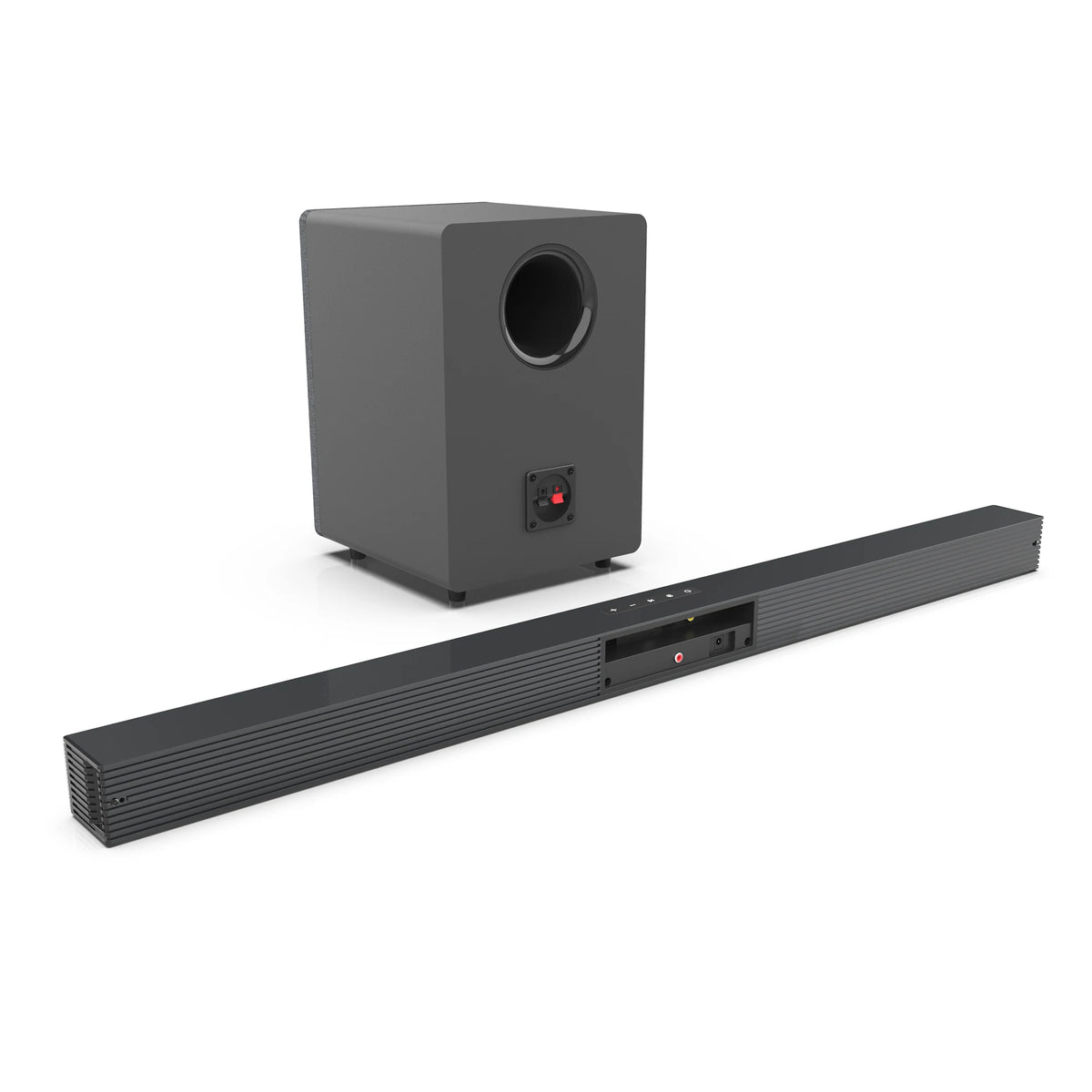 Barra de sonido 2.1 con subwoofer de caja y rejilla texturizada, color gris oscuro