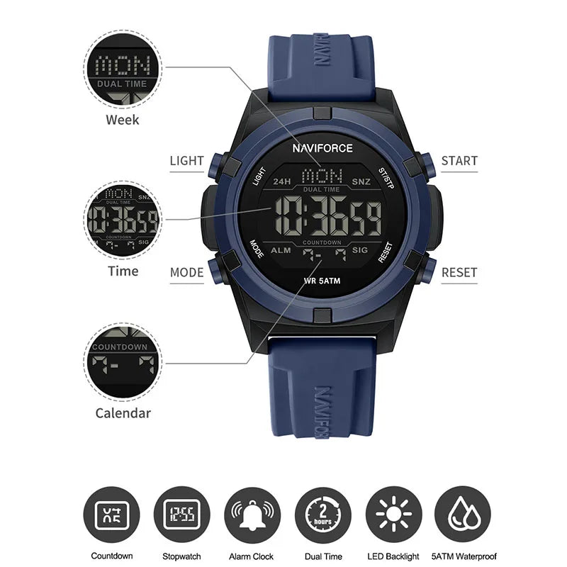 NAVIFORCE 2026 Watches For Men Clock Alarm Stopwatch 5ATM Waterproof LCD Dual Display Wristwatch Quartz Daily Casual Sport Watch