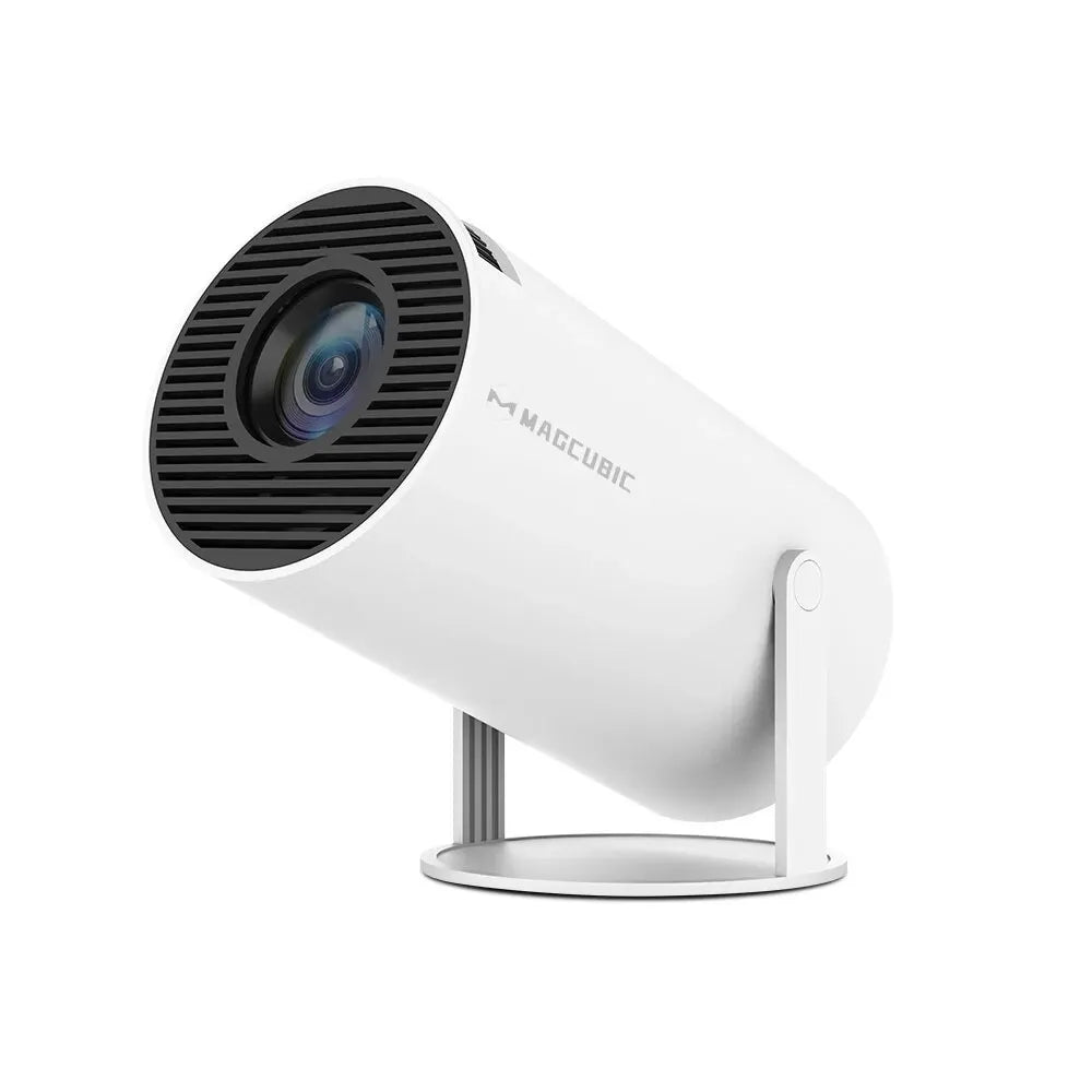 Proyector blanco con lente frontal y base elevable para colocación