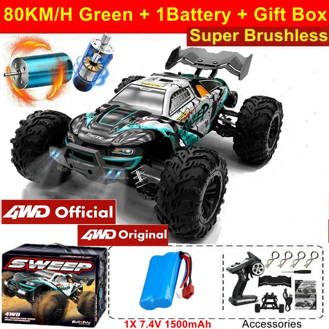 Camión RC 4x4 todoterreno verde con llantas negras y emblemas, 1 batería.