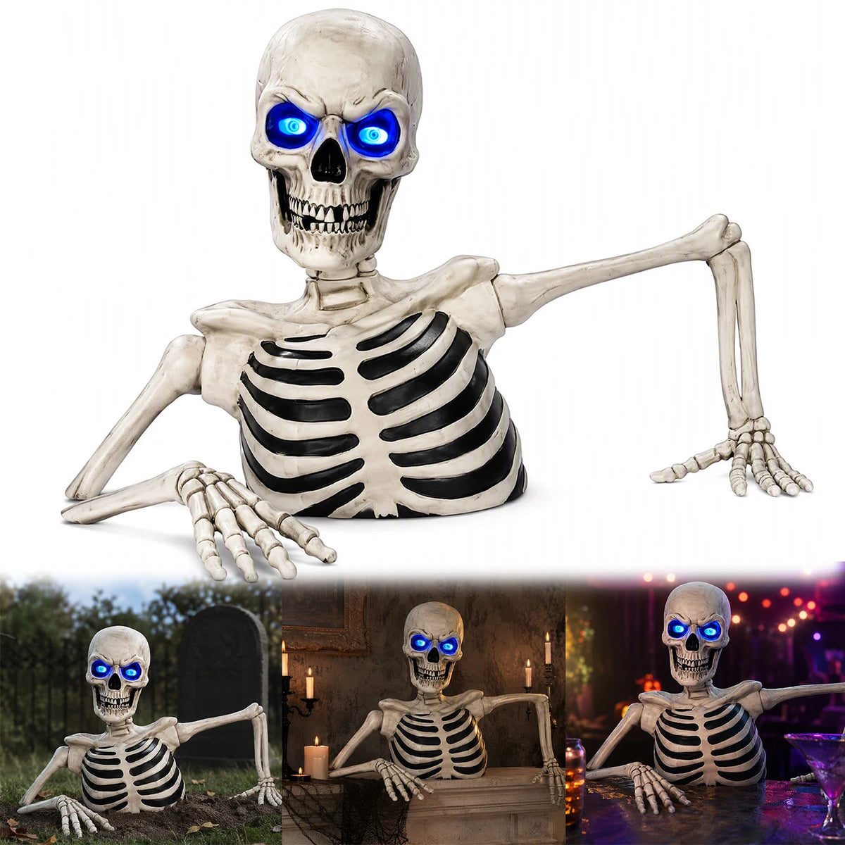 Accesorio de calavera gigante de cementerio para Halloween, rompiendo el suelo, con ojos LED brillantes y brazos ajustables, decoración de jardín para exteriores