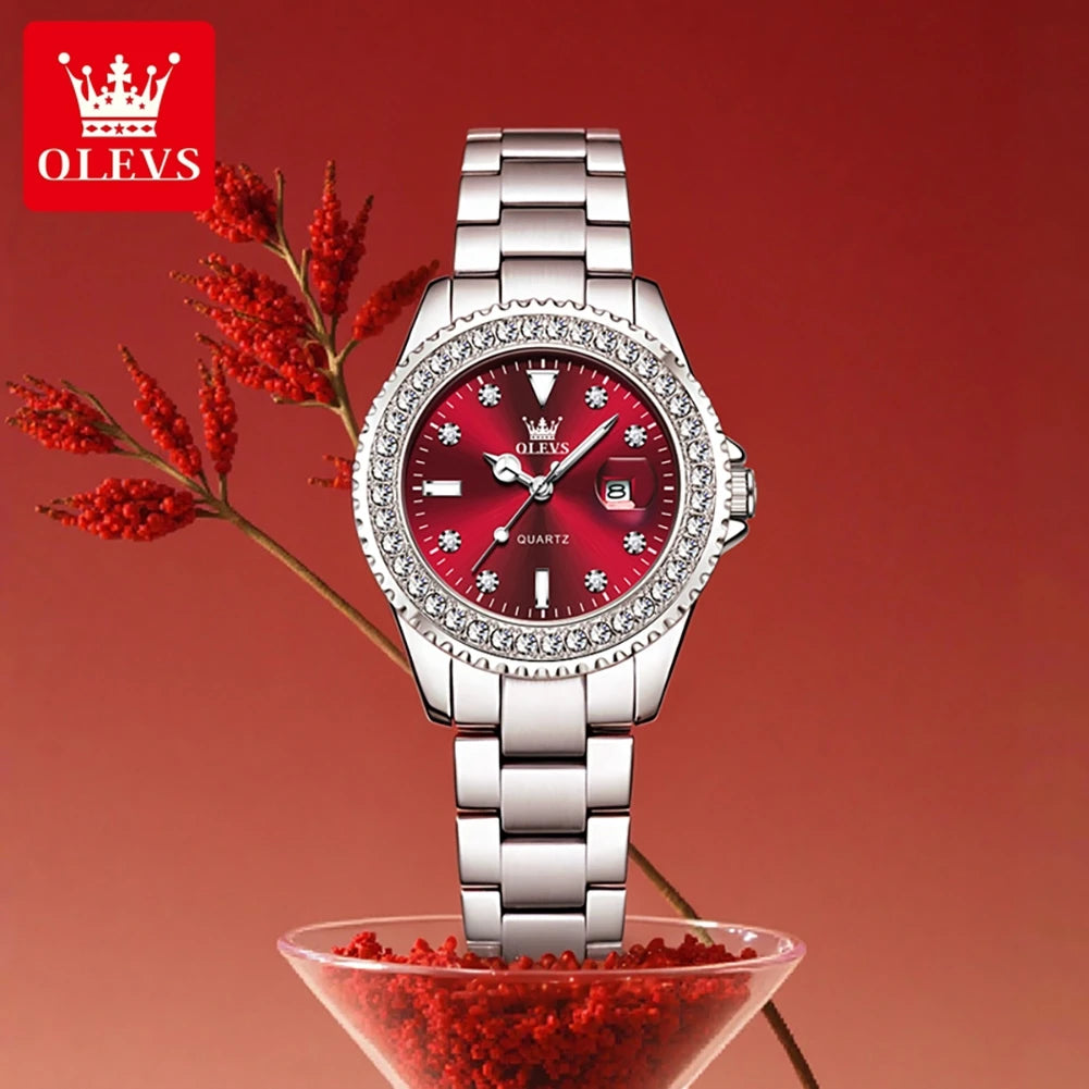 Relojes originales elegantes para mujer OLEVS 9945, reloj de cuarzo, resistente al agua, luminoso, con fecha automática, reloj para dama, regalo, bisel con diamantes