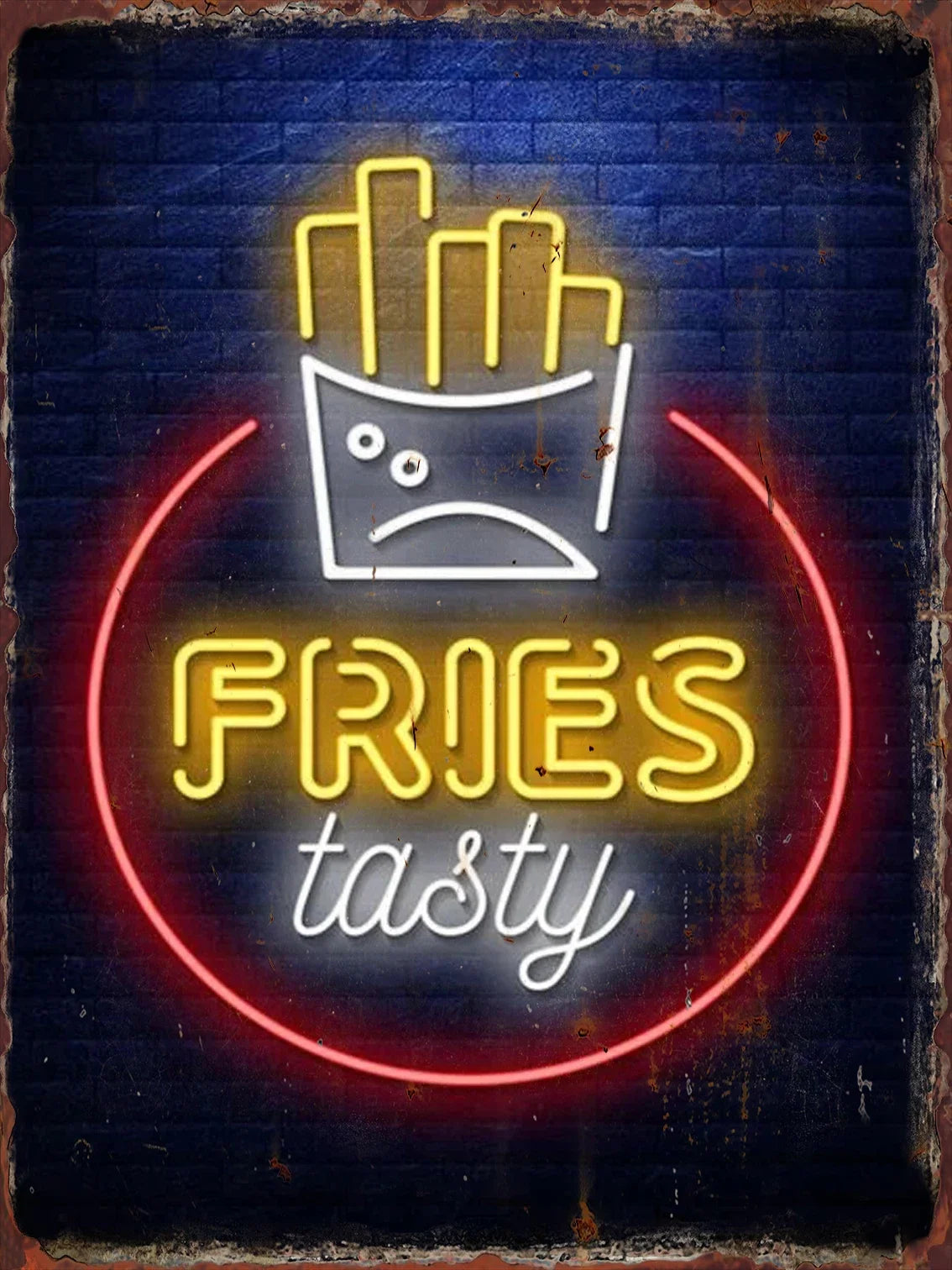 Cartel de hojalata con letrero neón de papas fritas y texto “tasty”