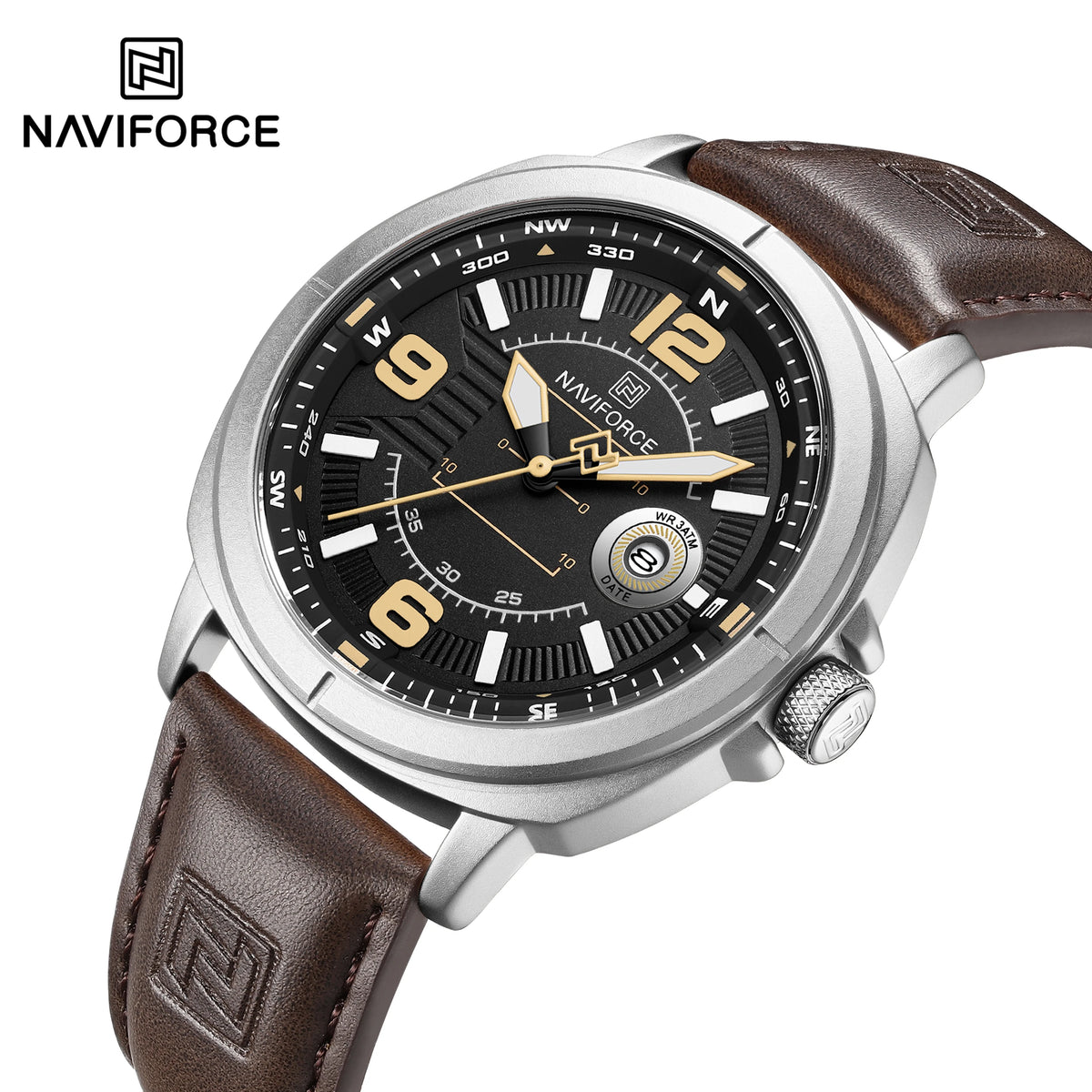NAVIFORCE 8078 Men's Quartz Watch Luminous Calendar Casual Sports Wristwatch Waterproof with Soft Leather Strap for Daily Wear