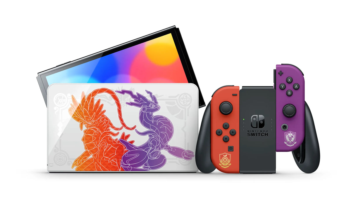 Consola Nintendo Switch (Modelo OLED) Edición Pokémon Karmesin y Purpur, Pantalla OLED de 7 Pulgadas, Controles Joy-Con, Sin Juegos Incluidos