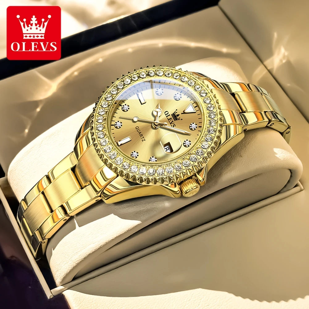 Relojes originales elegantes para mujer OLEVS 9945, reloj de cuarzo, resistente al agua, luminoso, con fecha automática, reloj para dama, regalo, bisel con diamantes