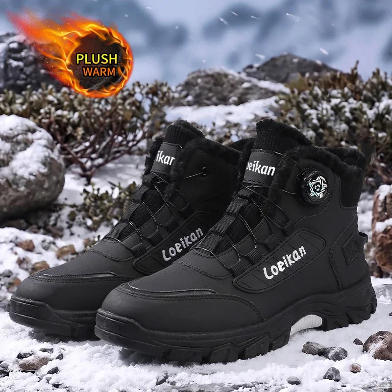 Botas de invierno cálidas de forro polar para hombre, con hebilla giratoria, caña alta, suela gruesa antideslizante, zapatos cómodos para la temporada fría y uso diario en la ciudad.