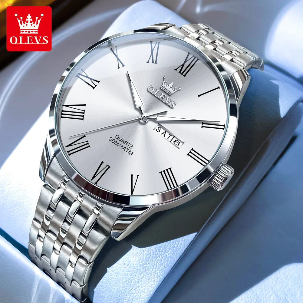 Reloj de cuarzo para hombre marca OLEVS, original y sencillo, resistente al agua, de acero inoxidable, con fecha, manecillas luminosas y números romanos.