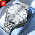 Reloj de cuarzo para hombre marca OLEVS, original y sencillo, resistente al agua, de acero inoxidable, con fecha, manecillas luminosas y números romanos.