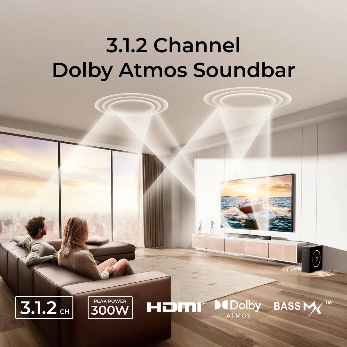 Barra de sonido 3.1.2 con subwoofer cableado para TV, estilo minimalista