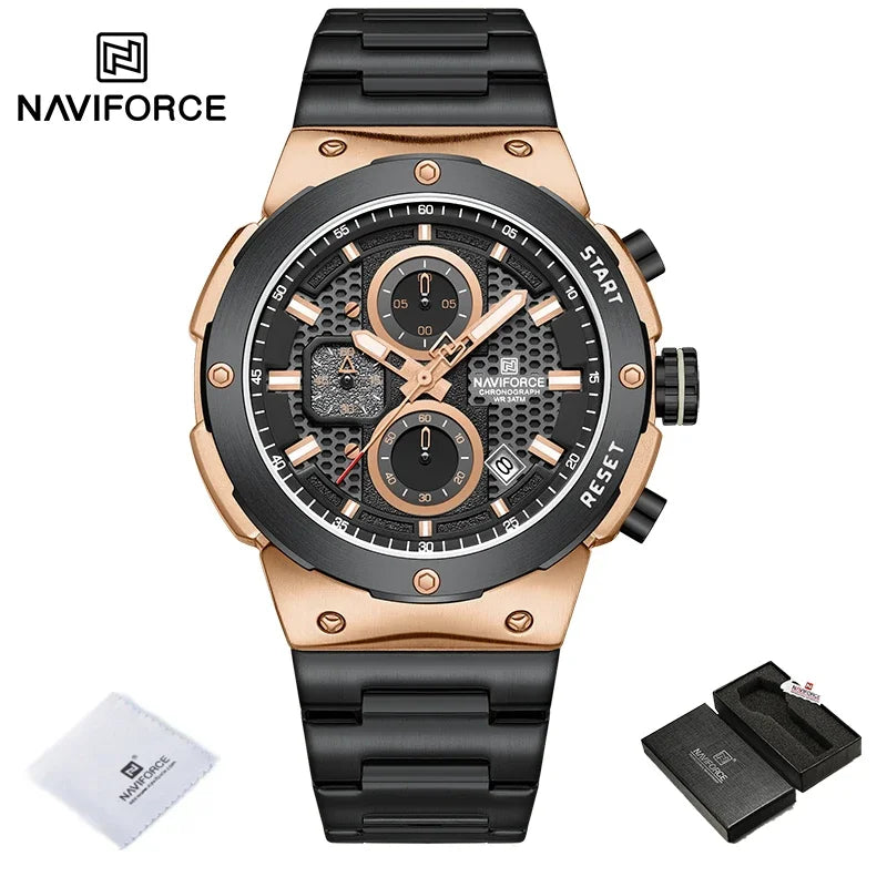 Reloj NAVIFORCE de lujo para hombre, con cronógrafo de cuarzo, luminoso, calendario, resistente al agua, de acero inoxidable, estilo deportivo y militar.