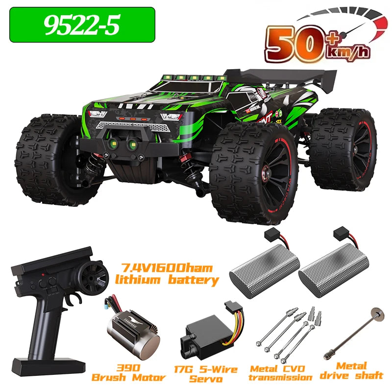 Coche RC 50 km/h verde y negro con neumáticos todoterreno; baterías y piezas metálicas